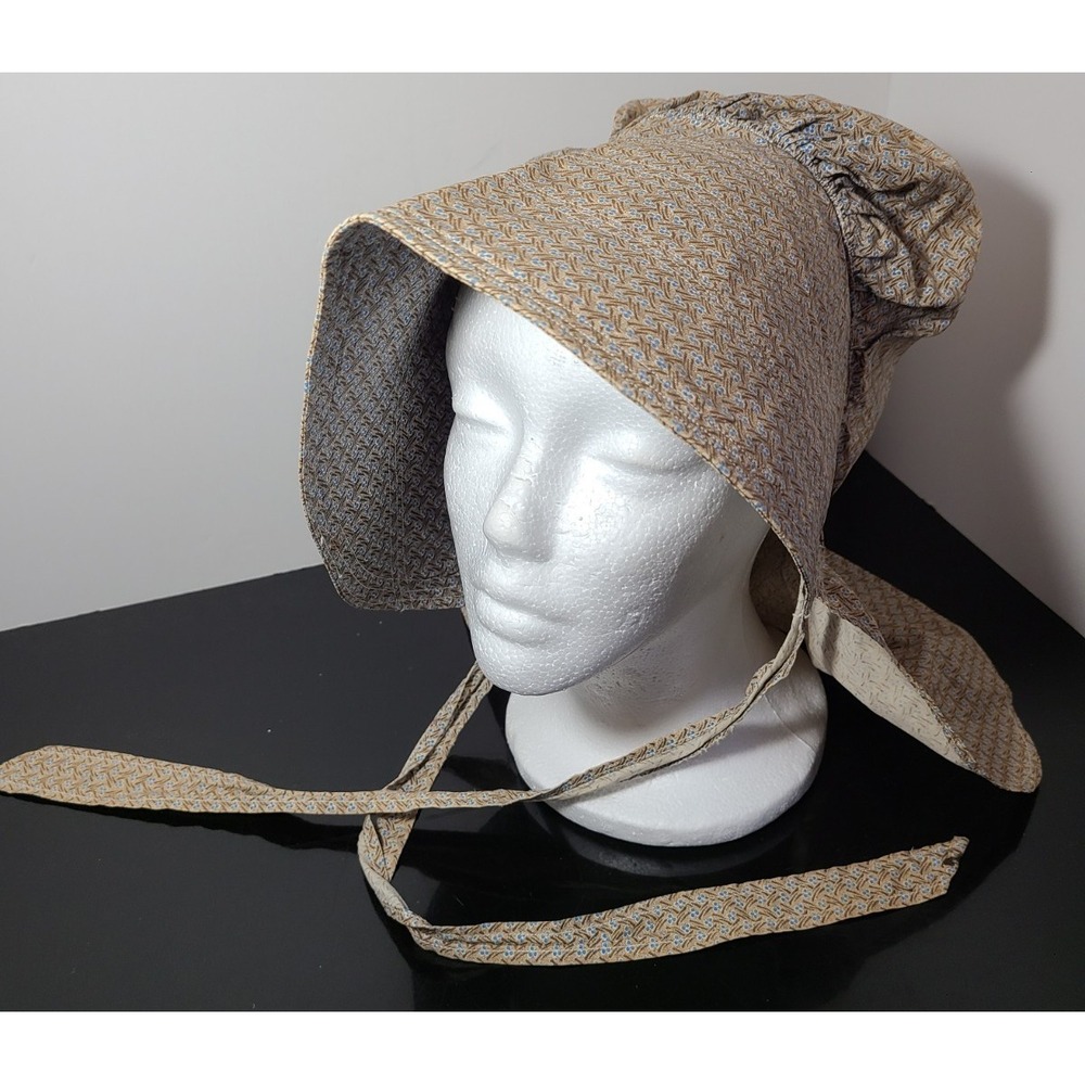 Womens Vtg Prairie Bonnet Hat Historic Costume Brown Cornflower Blue Tie Closure